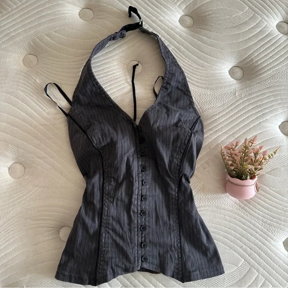 Vintage Tripp NYC Charcoal Button-Up Halter Top - Picture 1 of 4